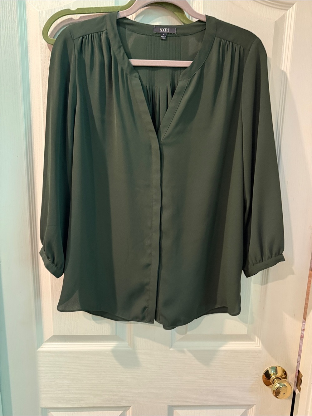 NYDJ Dark Olive Green Split V-Neck Blouse
